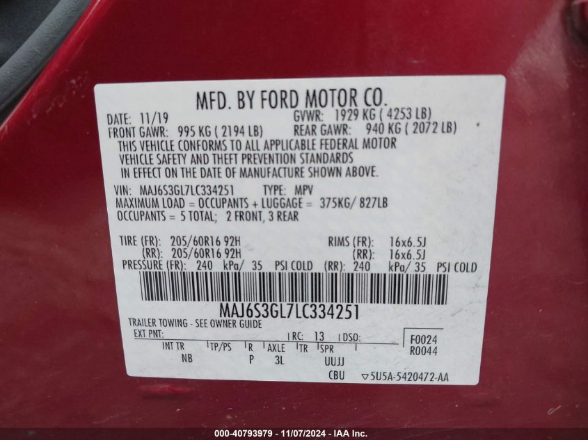 2020 Ford Ecosport Se VIN: MAJ6S3GL7LC334251 Lot: 40793979