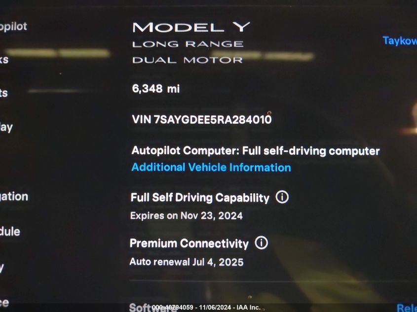 2024 Tesla Model Y Long Range Dual Motor All-Wheel Drive VIN: 7SAYGDEE5RA284010 Lot: 40794059