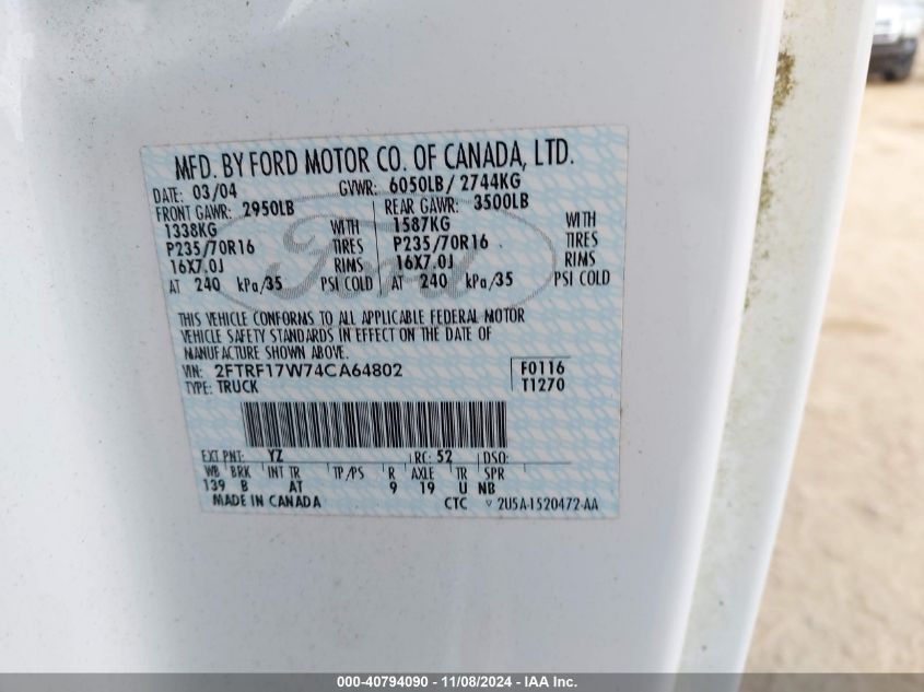 2004 Ford F-150 Heritage Xl/Xlt VIN: 2FTRF17W74CA64803 Lot: 40794090