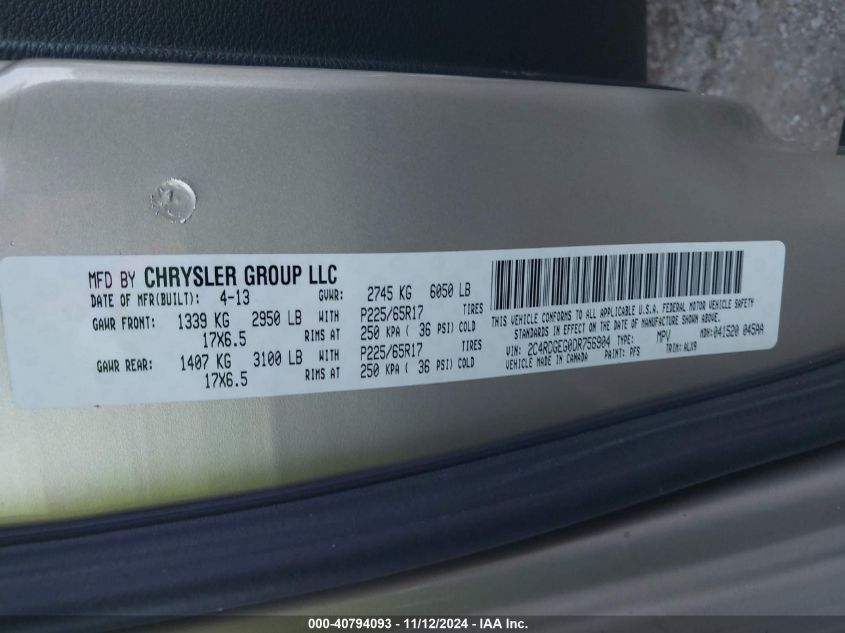 2013 DODGE GRAND CARAVAN R/T - 2C4RDGEG0DR756904