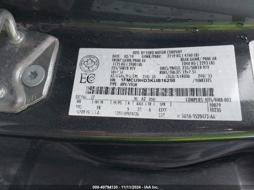 VIN 1FMCU9HD3KUB16250 2019 Ford Escape, Sel no.9