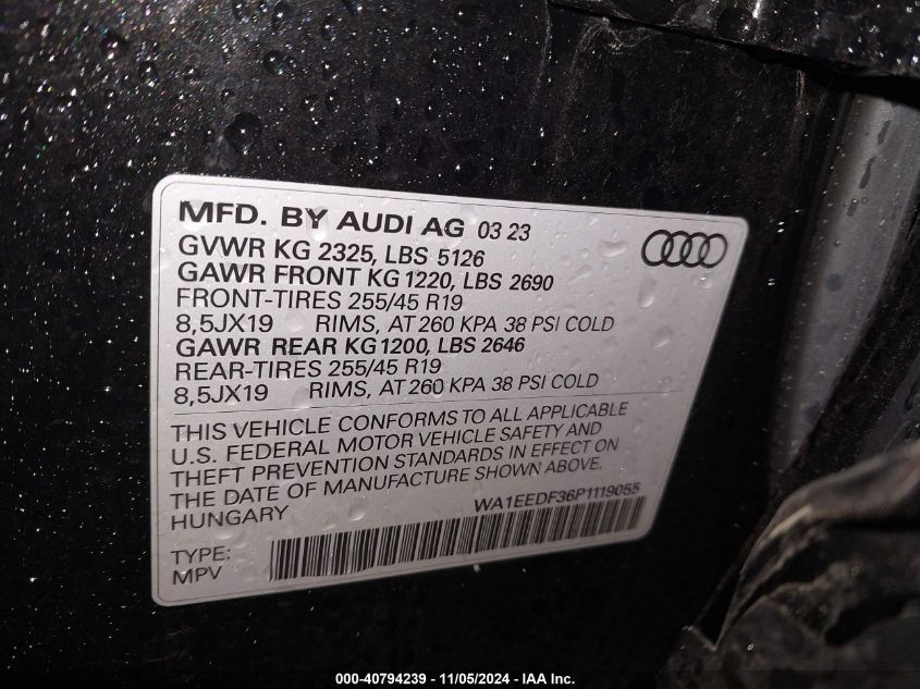 2023 Audi Q3 Premium Plus 45 Tfsi S Line Quattro Tiptronic VIN: WA1EEDF36P1119055 Lot: 40794239