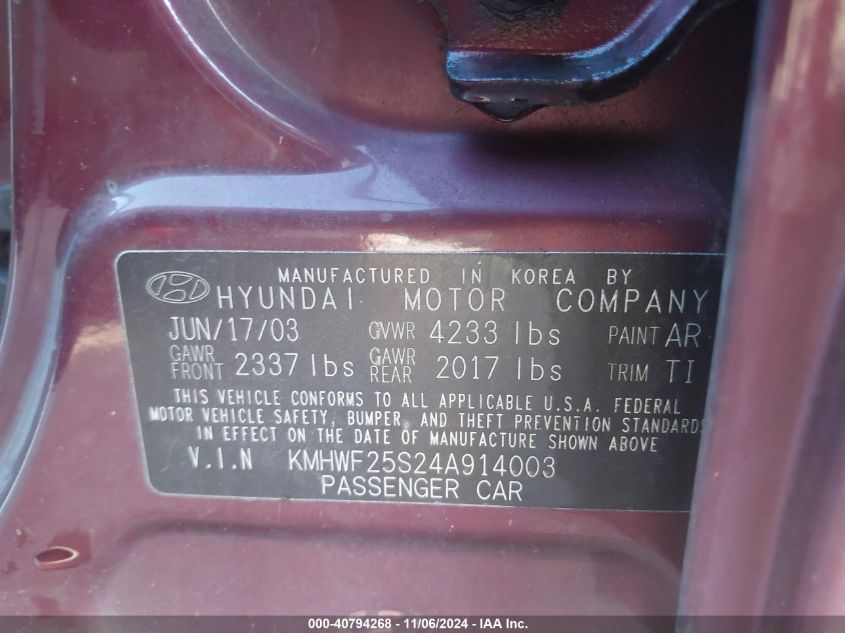 2004 Hyundai Sonata Base (A4) VIN: KMHWF25S24A914003 Lot: 40794268