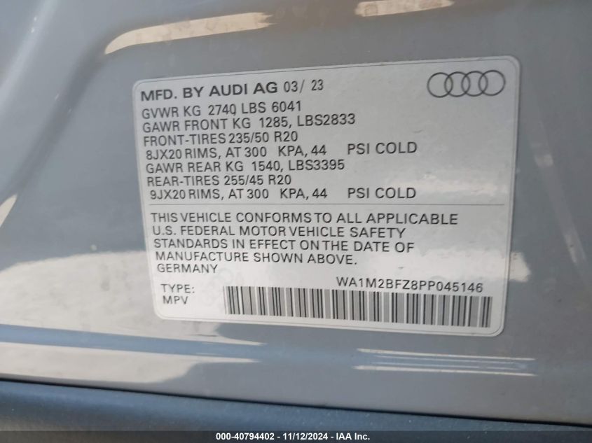 2023 Audi Q4 E-Tron Prestige 50 Quattro VIN: WA1M2BFZ8PP045146 Lot: 40794402