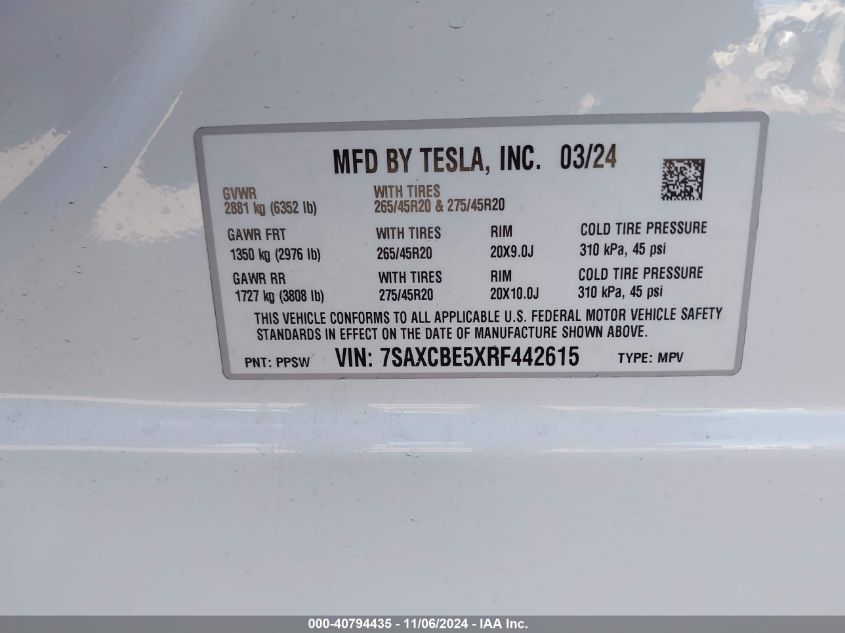 2024 Tesla Model X Long Range VIN: 7SAXCBE5XRF442615 Lot: 40794435