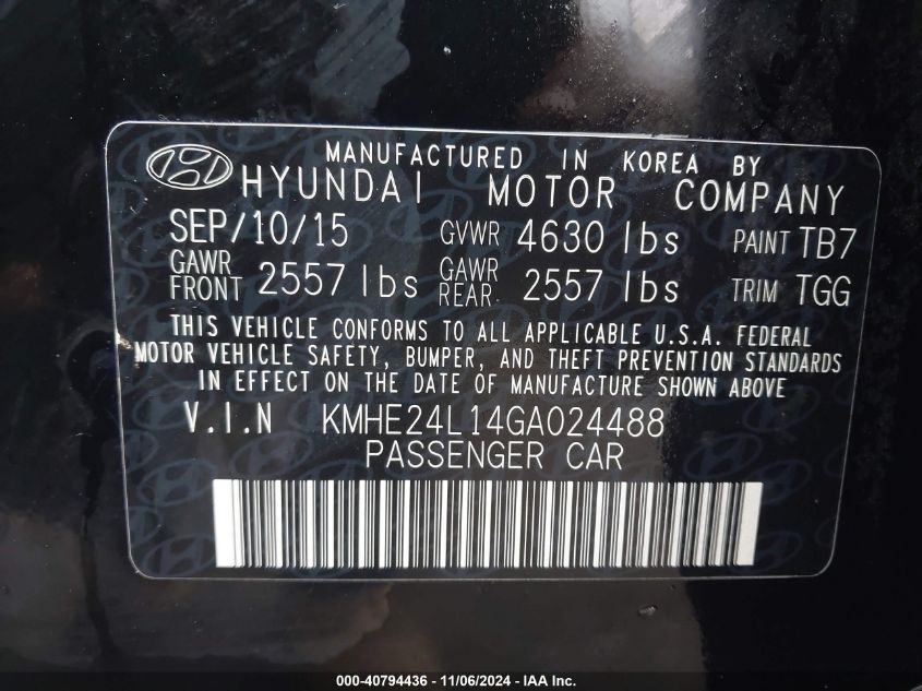 2016 Hyundai Sonata Hybrid Se VIN: KMHE24L14GA024488 Lot: 40794436