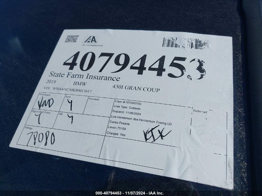 2019 BMW 430I GRAN COUPE - WBA4J1C50KBM13617