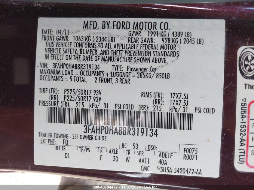 2011 FORD FUSION VIN: 3FAHP0HA8BR319134