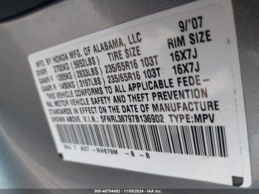 2007 Honda Odyssey Ex-L VIN: 5FNRL38797B136902 Lot: 40794492