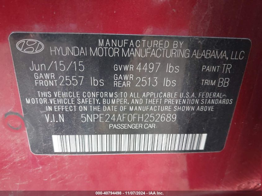 2015 Hyundai Sonata Se VIN: 5NPE24AF0FH252689 Lot: 40794498