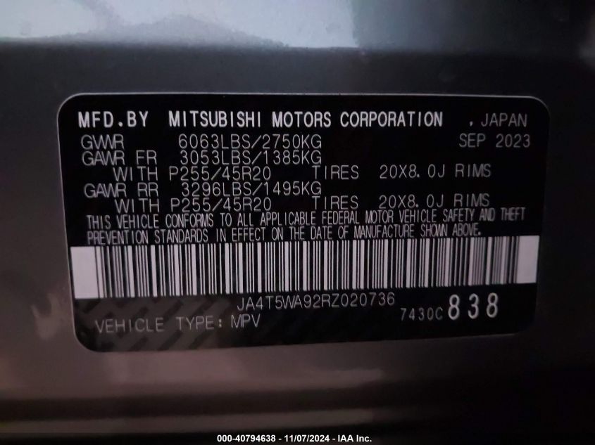 2024 Mitsubishi Outlander Phev Sel S- VIN: JA4T5WA92RZ020736 Lot: 40794638