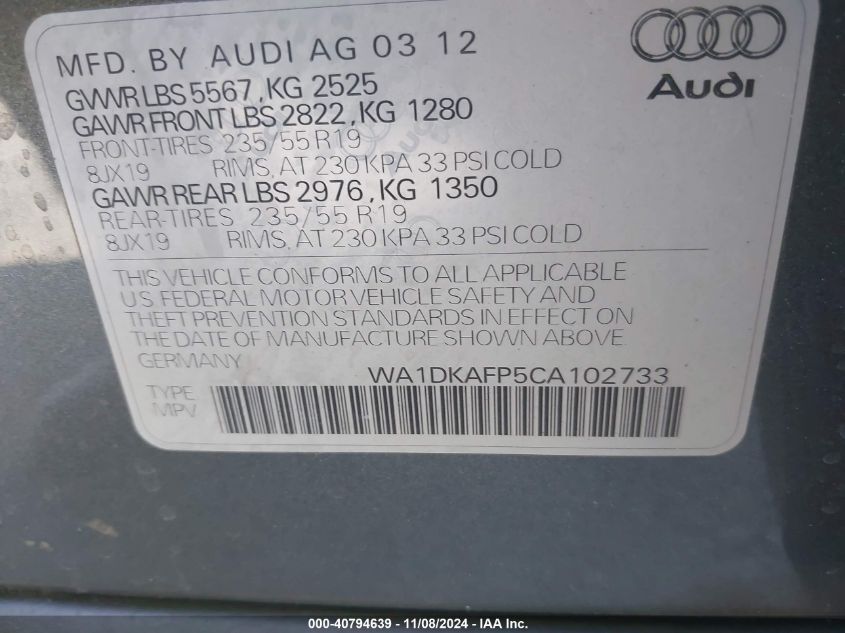 2012 Audi Q5 3.2 Premium Plus VIN: WA1DKAFP5CA102733 Lot: 40794639