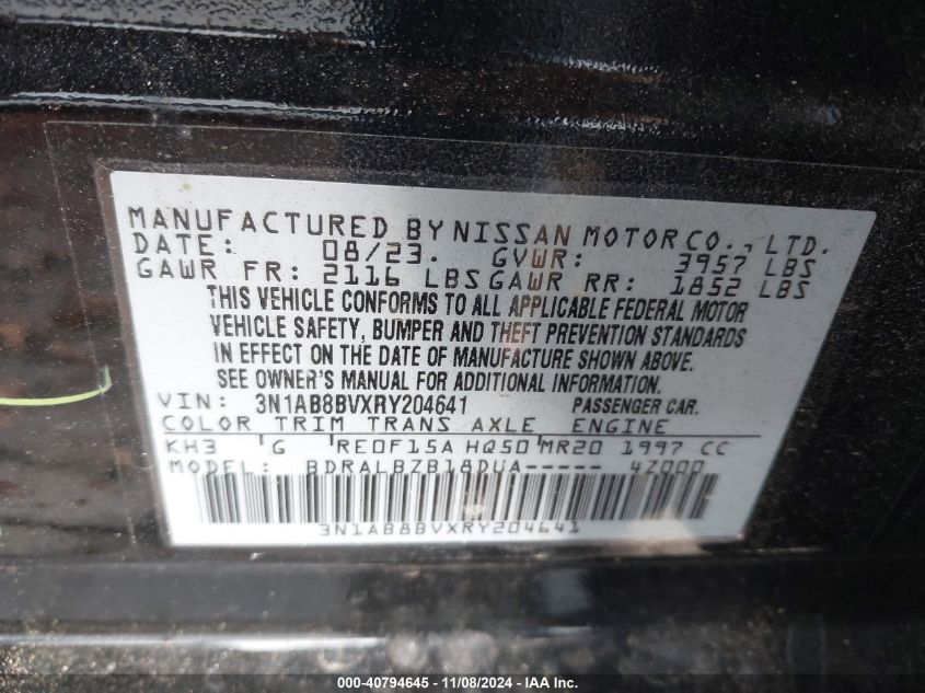 2024 Nissan Sentra S Xtronic Cvt VIN: 3N1AB8BVXRY204641 Lot: 40794645