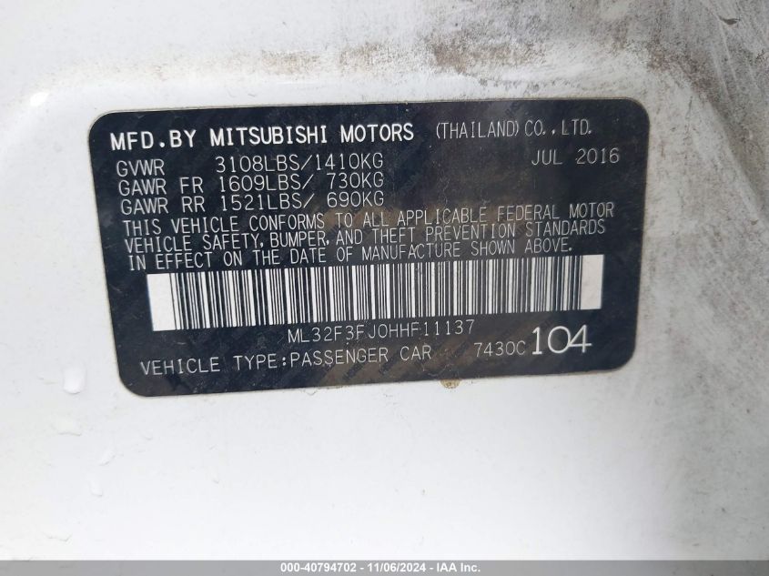 2017 Mitsubishi Mirage G4 Es VIN: ML32F3FJ0HHF11137 Lot: 40794702