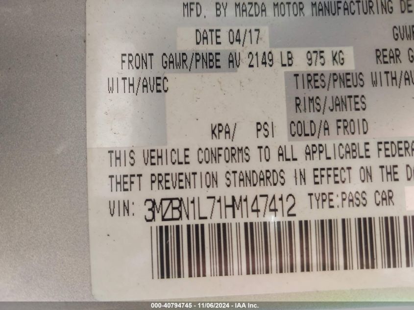 VIN 3MZBN1L71HM147412 2017 MAZDA MAZDA3 TOURING
