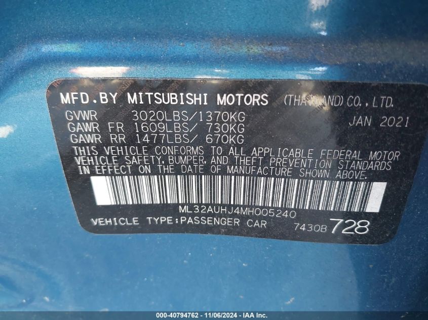 2021 Mitsubishi Mirage Carbonite Edition/Es/Le VIN: ML32AUHJ4MH005240 Lot: 40794762