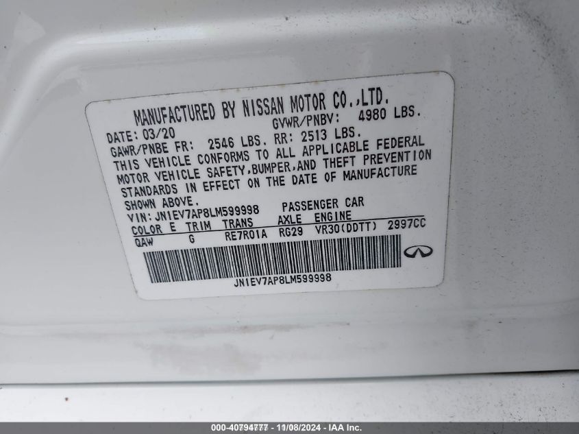 2020 INFINITI Q50 VIN: JN1EV7AP8LM599998