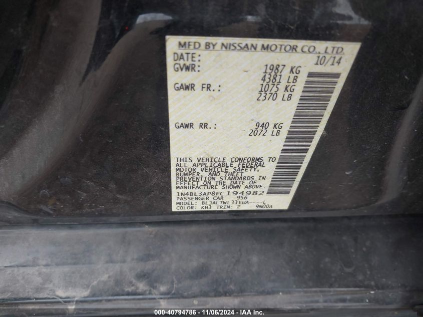 VIN 1N4BL3AP8FC194982 2015 NISSAN ALTIMA no.9