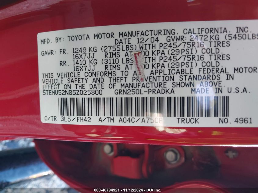 2005 Toyota Tacoma Base V6 VIN: 5TEMU52N85Z025800 Lot: 40794921