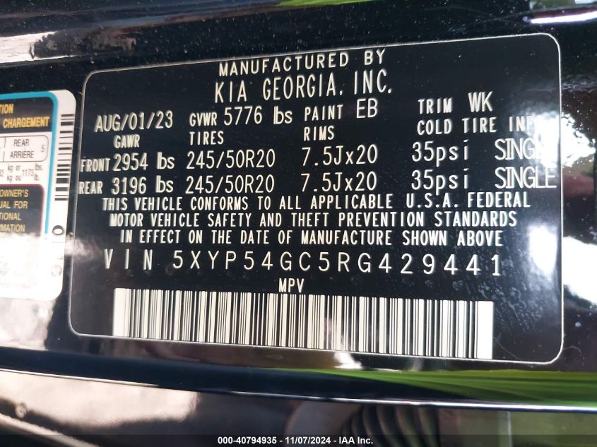 2024 Kia Telluride Sx VIN: 5XYP54GC5RG429441 Lot: 40794935