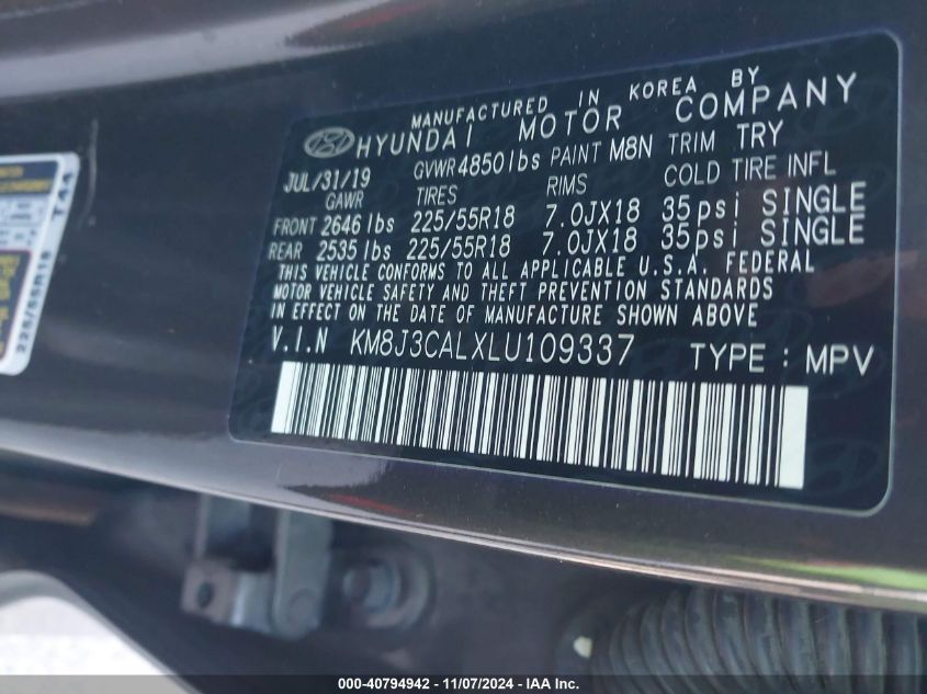 VIN KM8J3CALXLU109337 2020 HYUNDAI TUCSON ULTIMATE