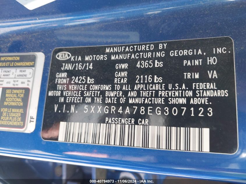 2014 KIA OPTIMA VIN: 5XXGR4A78EG307123