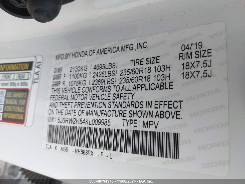 2019 HONDA CR-V EX-L - 5J6RW2H84KL009985