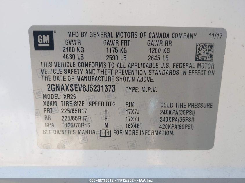 VIN 2GNAXSEV8J6231373 2018 CHEVROLET EQUINOX LT