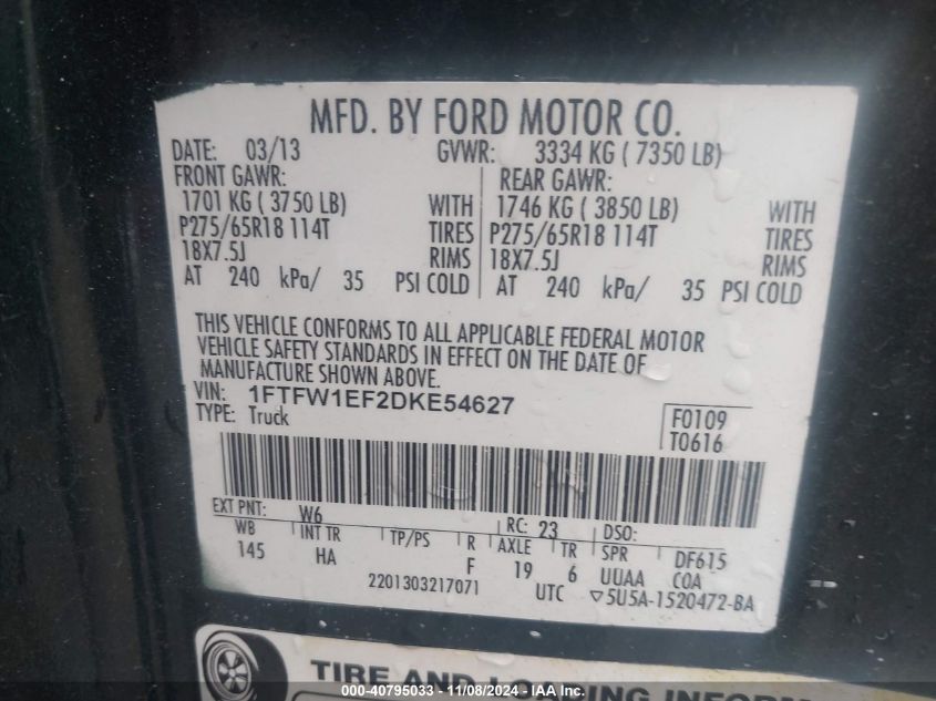 2013 FORD F150 VIN: 1FTFW1EF2DKE54627