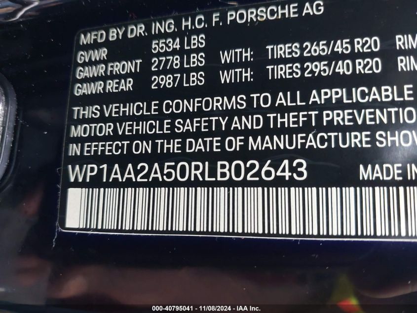 2024 Porsche Macan T VIN: WP1AA2A50RLB02643 Lot: 40795041