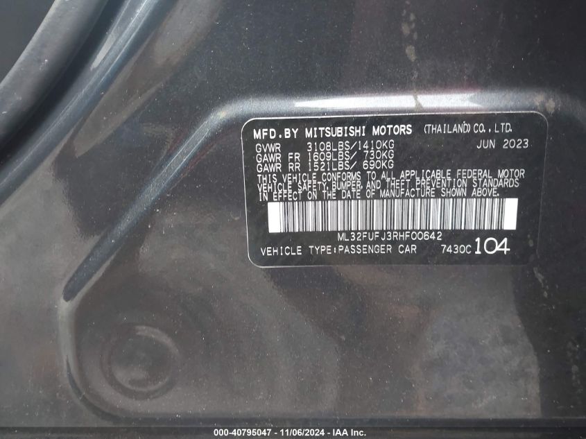 VIN ML32FUFJ3RHF00642 2024 Mitsubishi Mirage, G4 Bl... no.9