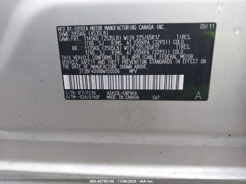 2011 Toyota Rav4 VIN: 2T3BF4DV8BW150506 Lot: 40795145