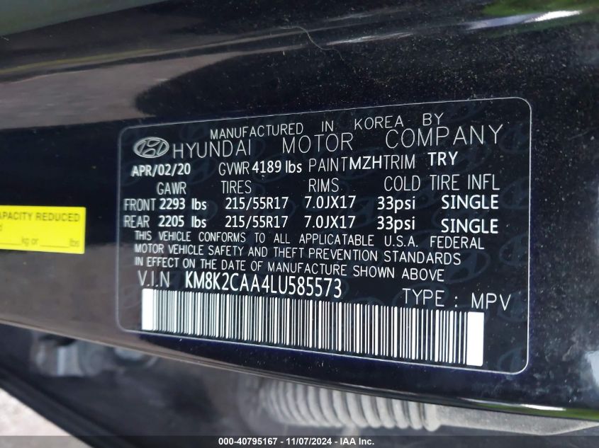 2020 Hyundai Kona Sel VIN: KM8K2CAA4LU585573 Lot: 40795167