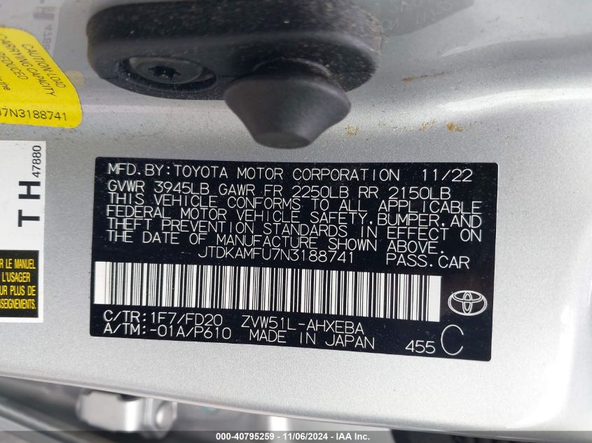 2022 Toyota Prius Le VIN: JTDKAMFU7N3188741 Lot: 40795259