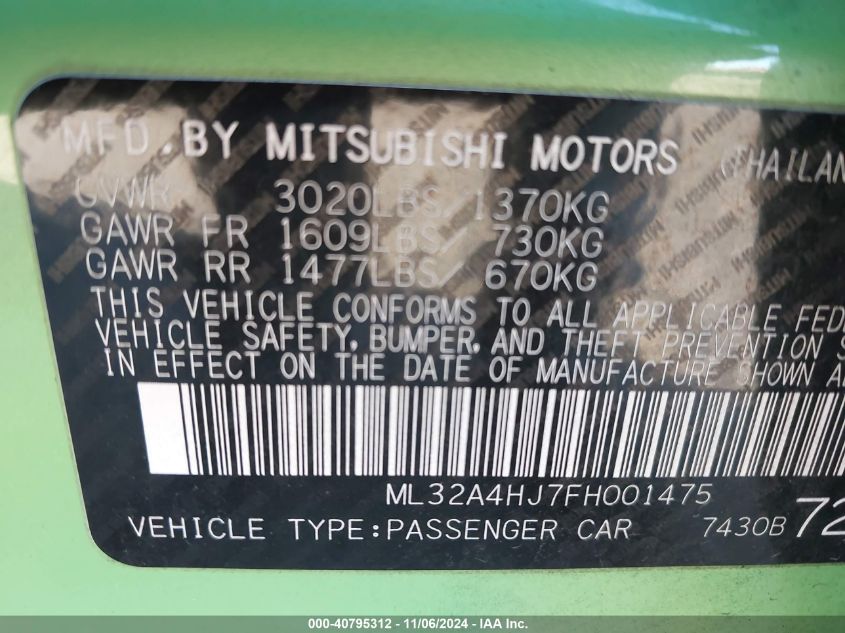 2015 Mitsubishi Mirage Es VIN: ML32A4HJ7FH001475 Lot: 40795312