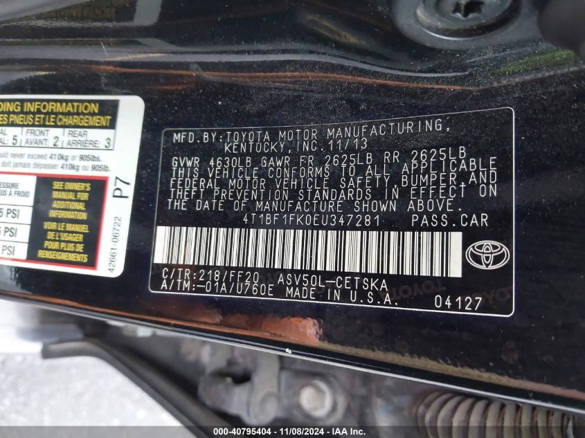 VIN 4T1BF1FK0EU347281 2014 Toyota Camry, SE no.9