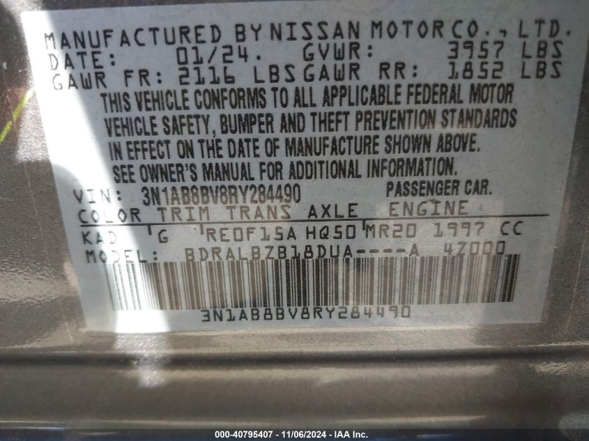 2024 Nissan Sentra S Xtronic Cvt VIN: 3N1AB8BV8RY284490 Lot: 40795407