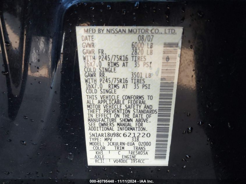 2008 NISSAN PATHFINDER VIN: 5N1AR18U98C621220