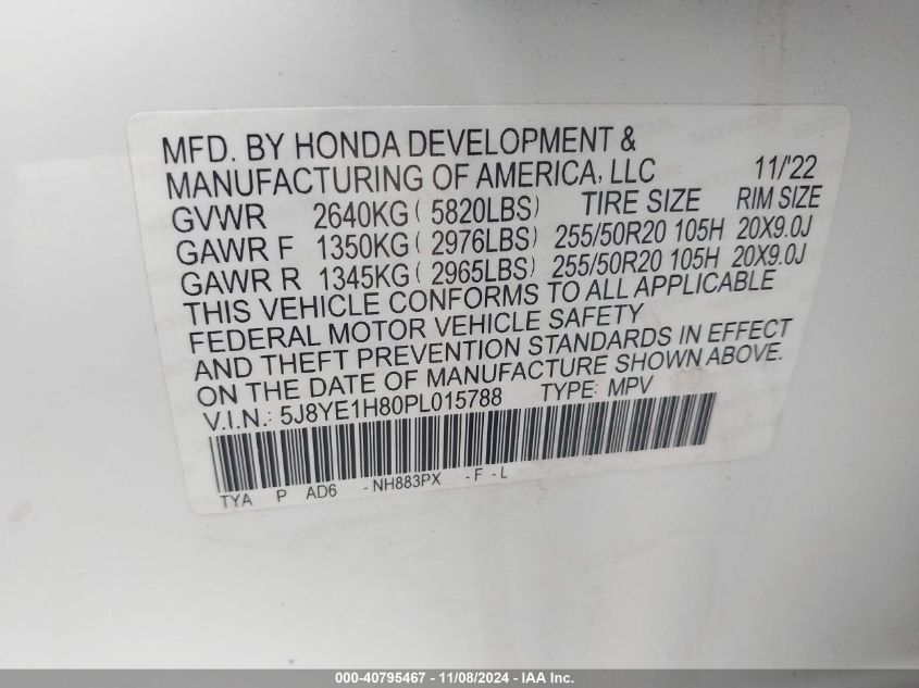 2023 Acura Mdx Advance Package VIN: 5J8YE1H80PL015788 Lot: 40795467