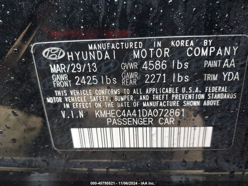 2013 Hyundai Sonata Hybrid Limited VIN: KMHEC4A41DA072861 Lot: 40795521