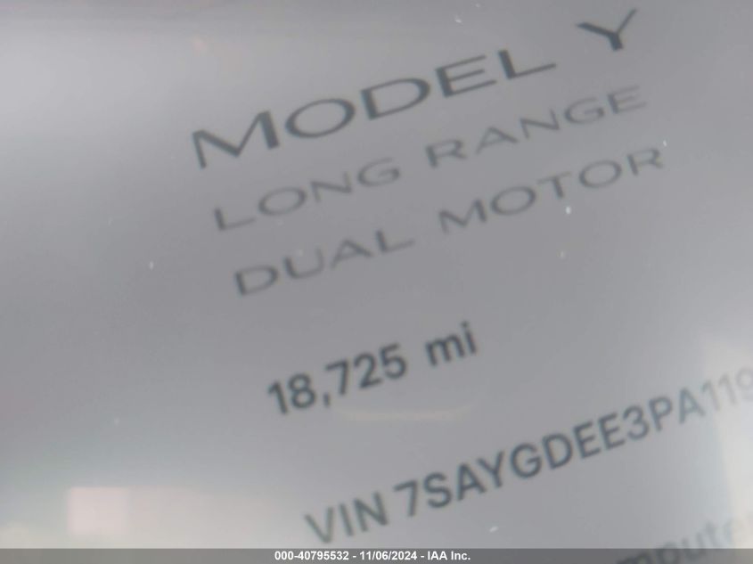 2023 Tesla Model Y Awd/Long Range Dual Motor All-Wheel Drive VIN: 7SAYGDEE3PA119005 Lot: 40795532