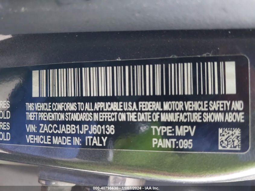 2018 Jeep Renegade Latitude Fwd VIN: ZACCJABB1JPJ60136 Lot: 40795630