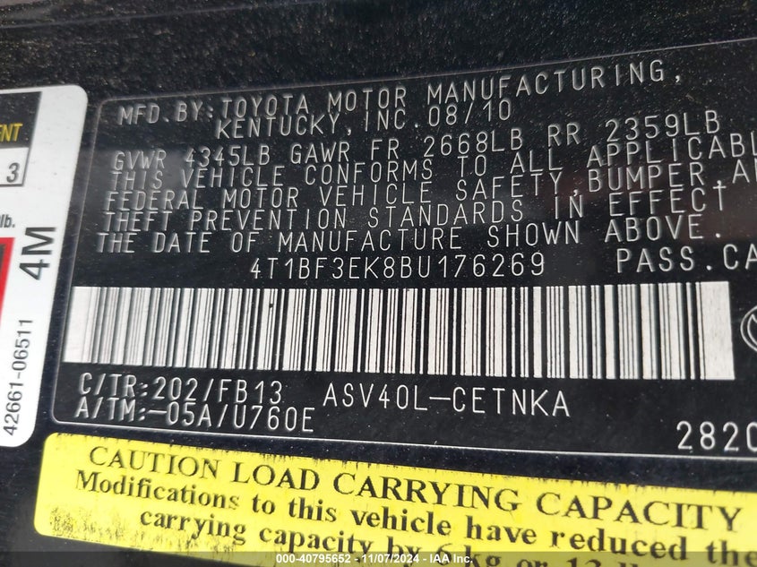 2011 TOYOTA CAMRY VIN: 4T1BF3EK8BU176269