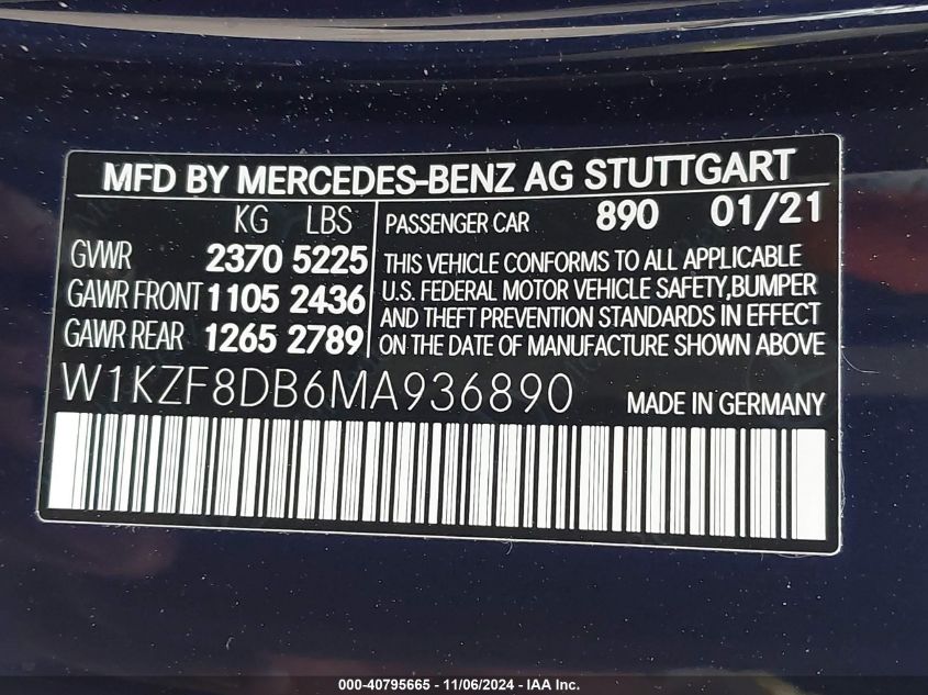 2021 Mercedes-Benz E 350 VIN: W1KZF8DB6MA936890 Lot: 40795665