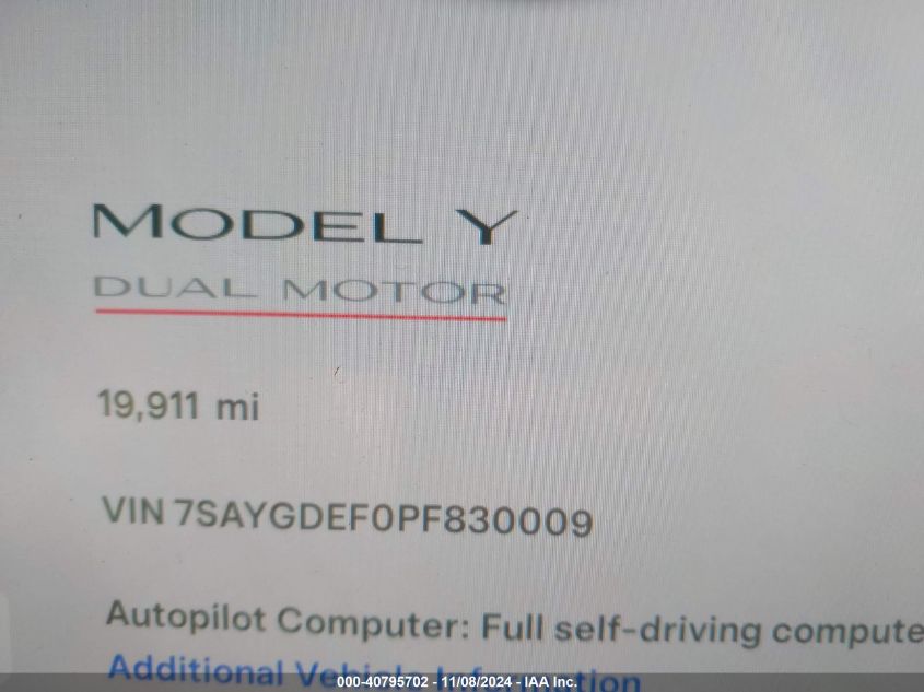 2023 Tesla Model Y Performance Dual Motor All-Wheel Drive VIN: 7SAYGDEF0PF830009 Lot: 40795702