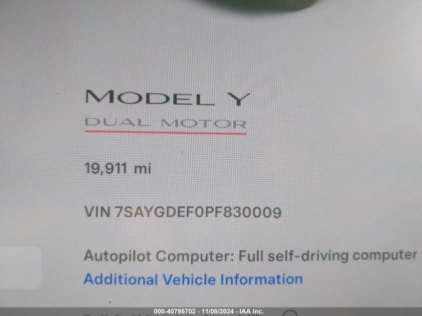 2023 Tesla Model Y Performance Dual Motor All-Wheel Drive VIN: 7SAYGDEF0PF830009 Lot: 40795702