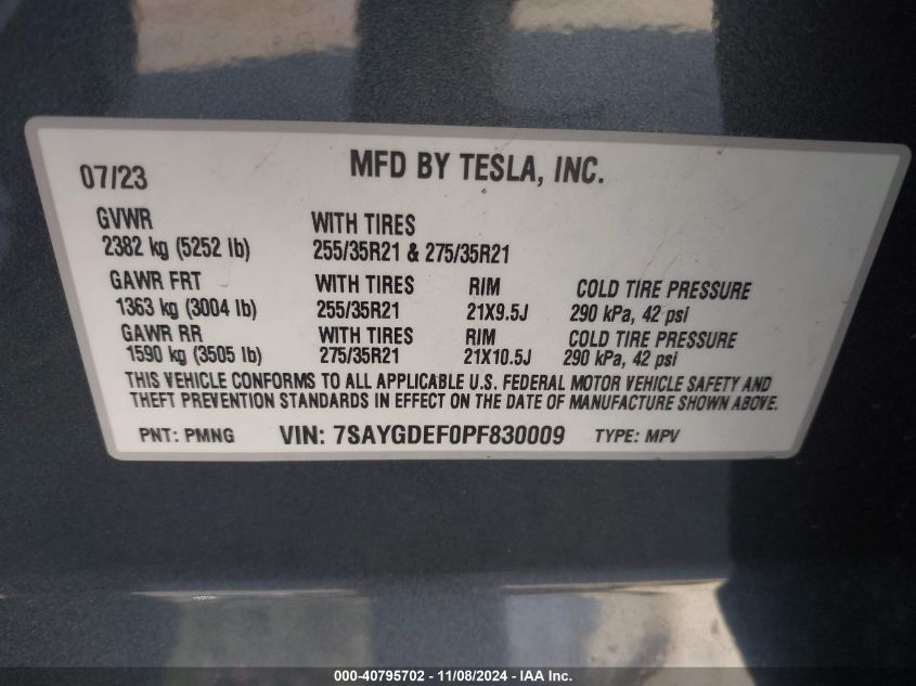 2023 Tesla Model Y Performance Dual Motor All-Wheel Drive VIN: 7SAYGDEF0PF830009 Lot: 40795702