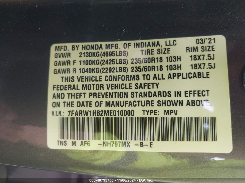 2021 Honda Cr-V 2Wd Ex-L VIN: 7FARW1H82ME010000 Lot: 40795753