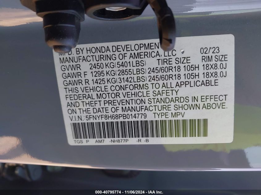 2023 Honda Passport Awd Trailsport VIN: 5FNYF8H68PB014779 Lot: 40795774