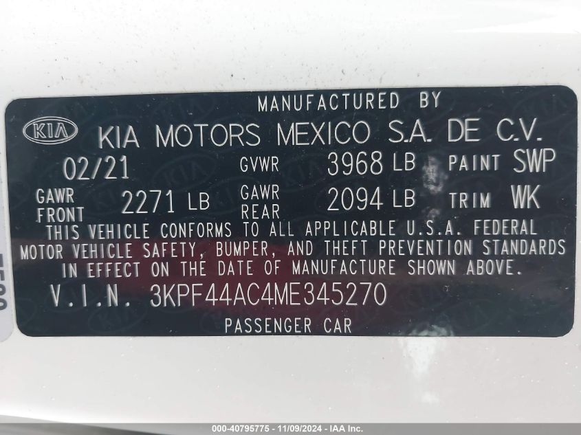 2021 Kia Forte Gt VIN: 3KPF44AC4ME345270 Lot: 40795775